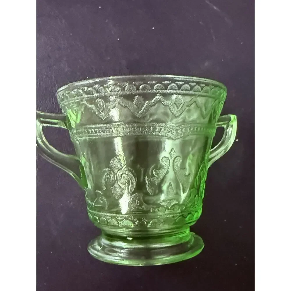 Vintage Green Vaseline Uranium Glass Depression Glass Sugar Bowl Cubist Pattern